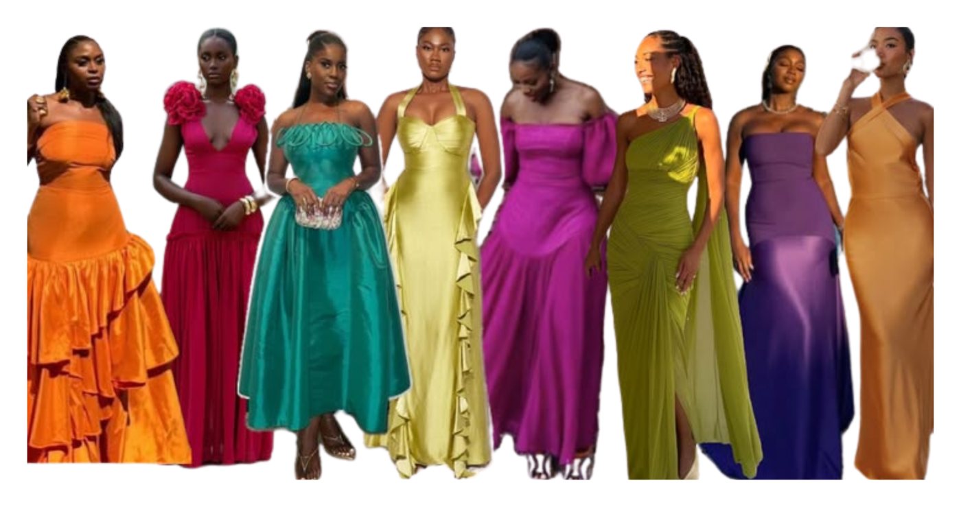 Dress code inspiration: colourful satin and chiffon gowns in orange, pink, teal, chartreuse, magenta and purple