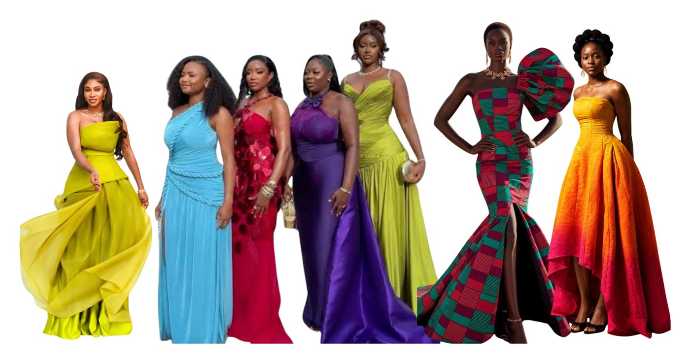 Dress code inspiration: bold gowns including chartreuse, sky blue, red, purple and African print styles