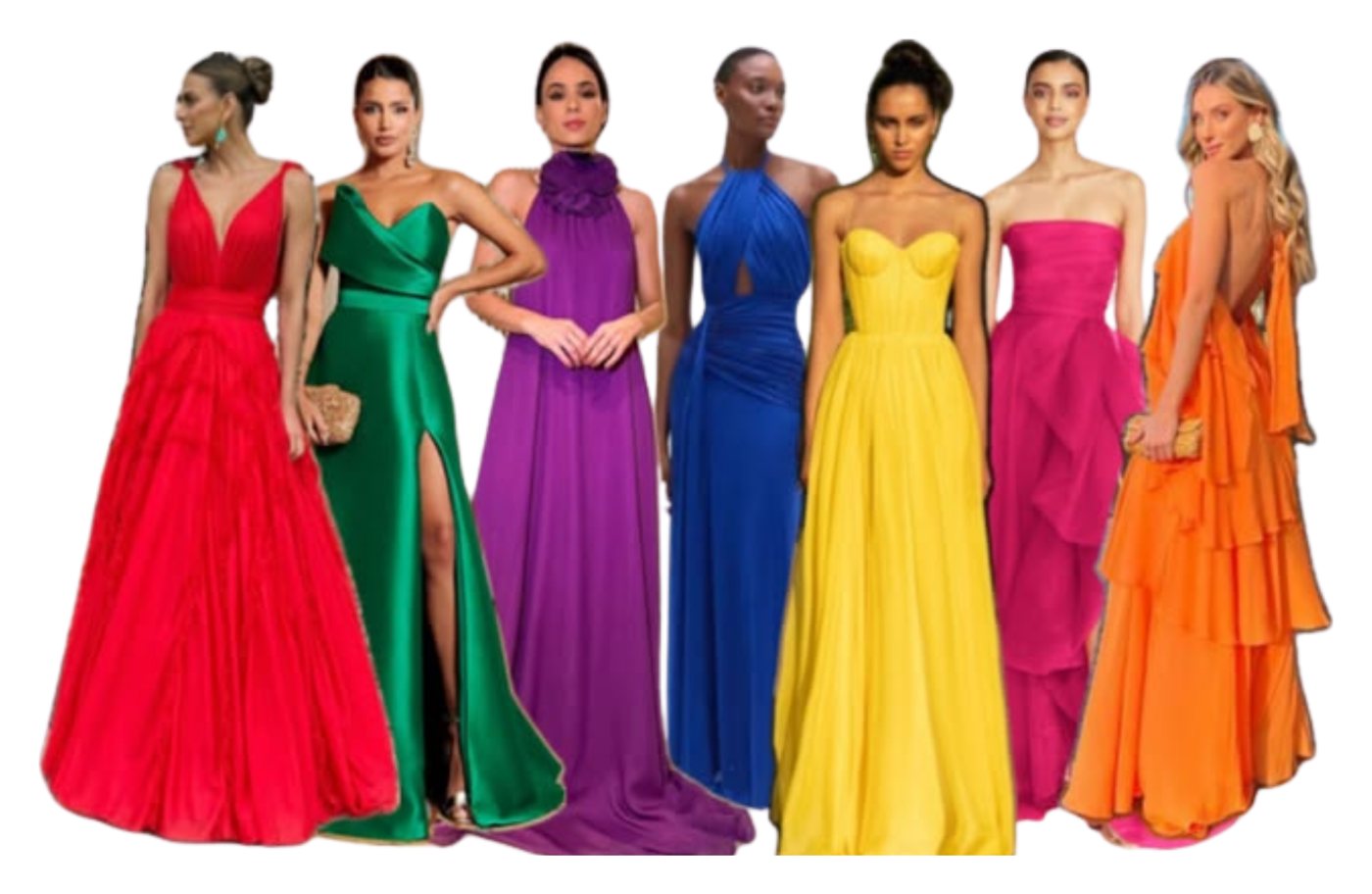 Dress code inspiration: floor-length gowns in red, green, purple, blue, yellow, pink and orange